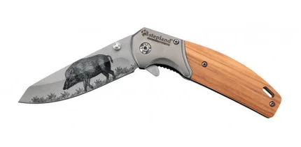 Couteau pliant 8cm gravé Sanglier Inox Bois